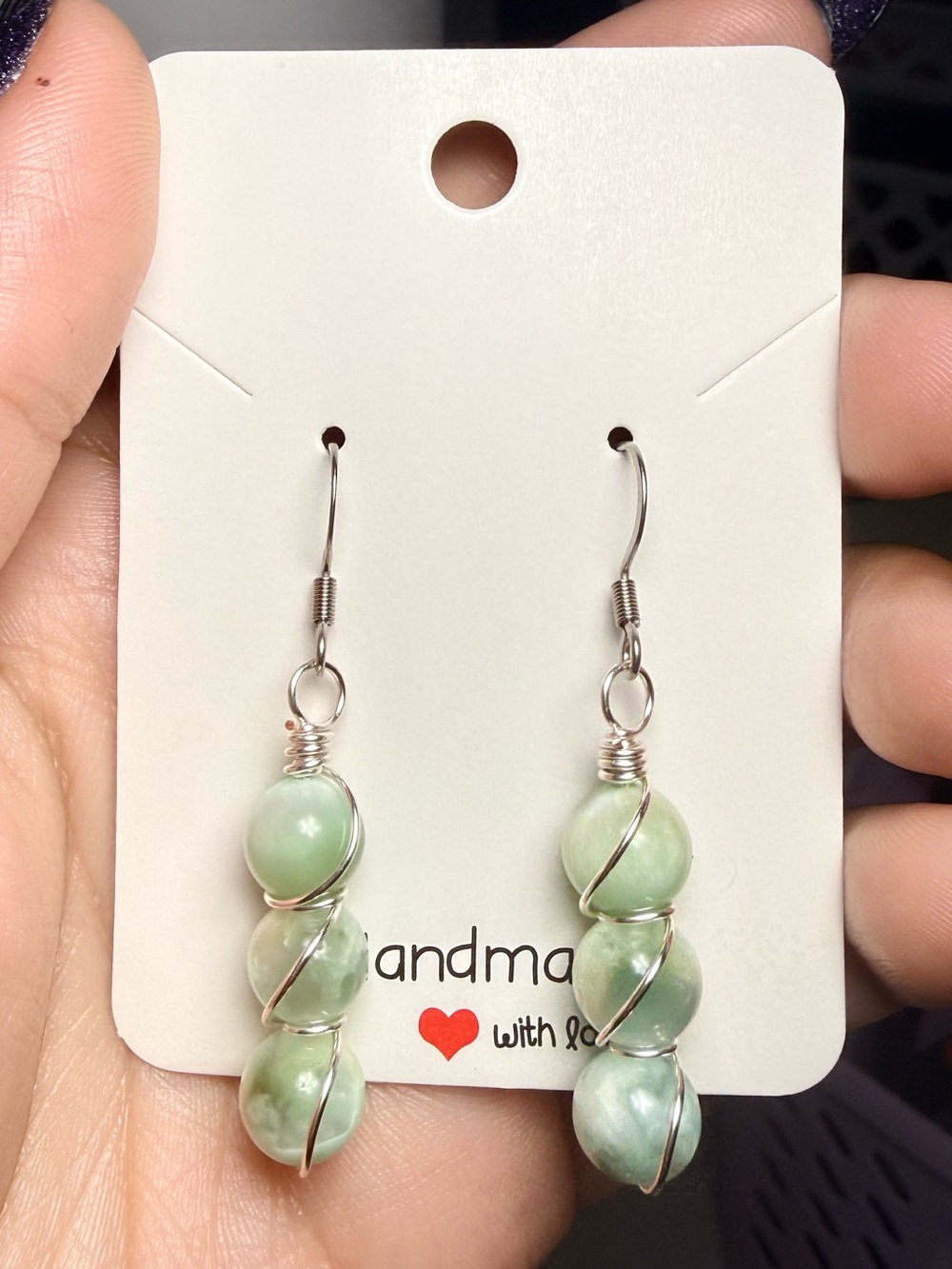 Green Moonstone Wire Wrapped Earrings Stainless Steel